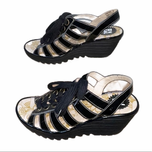 FLY London Black Yito Patent Caged Lace Up Wedges - Picture 14 of 14